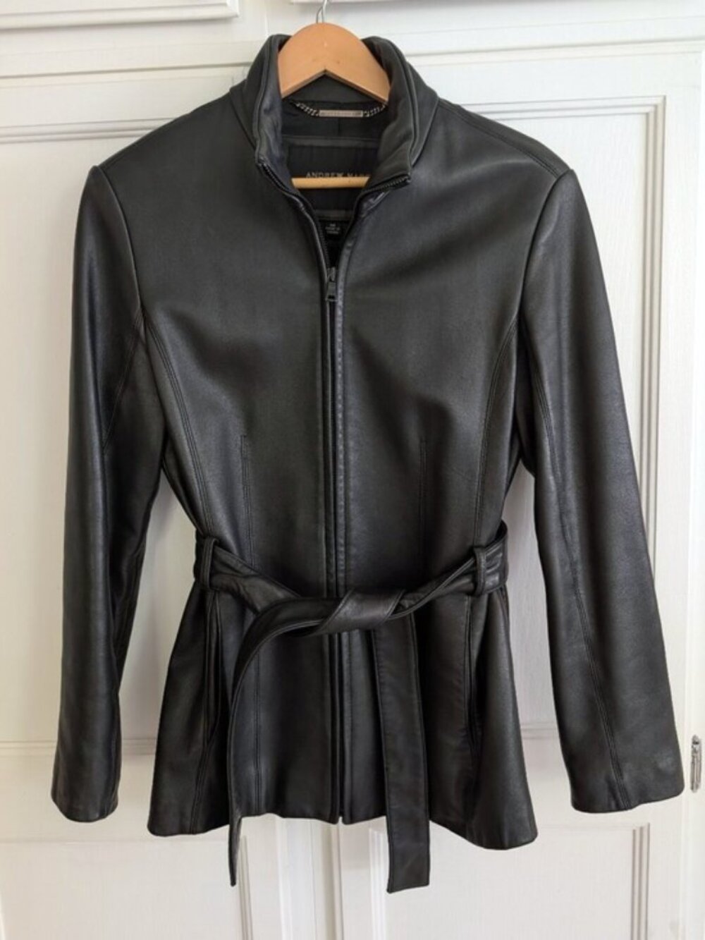 NWOT Andrew Marc Black Leather Belted Jacket Minimalist M